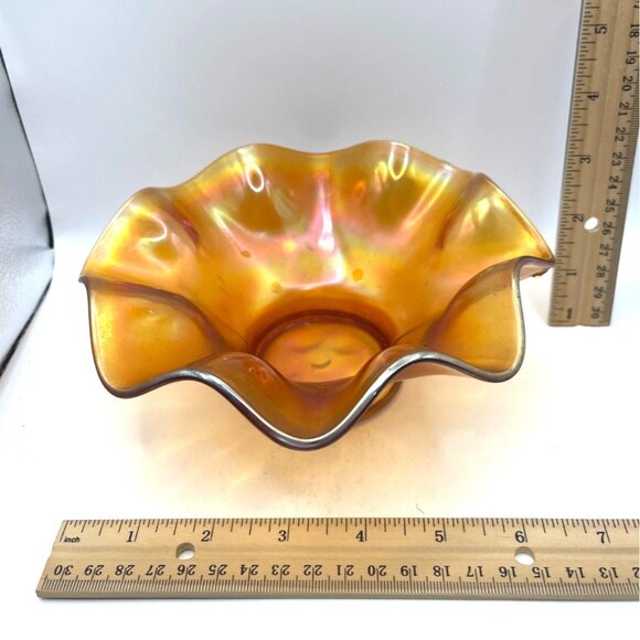 Vintage Amber Iridescent Glass Ruffled Edge Bowl 7" Wide C272 - Picture 3 of 3